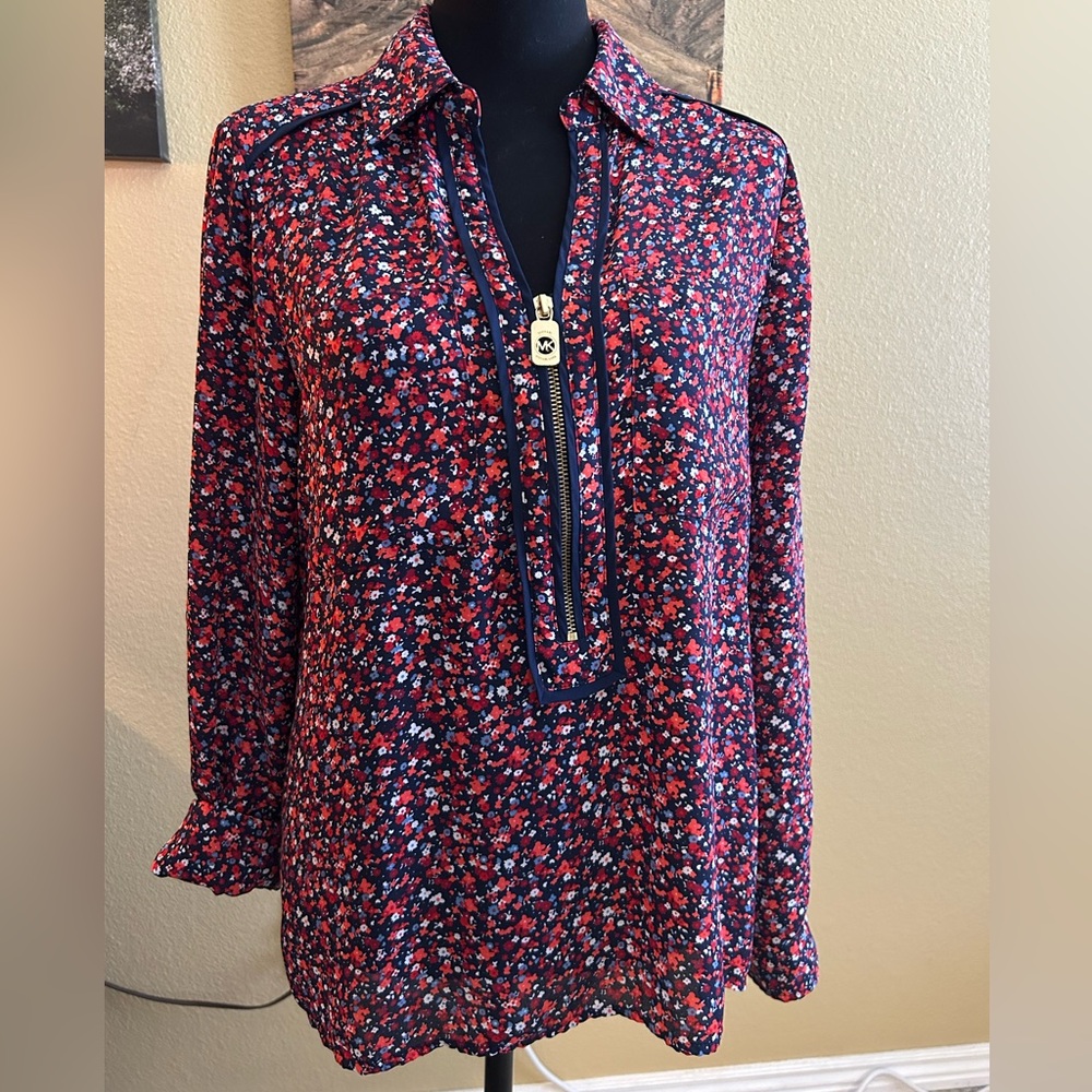 Michael Kors Navy Floral Zip-Front Blouse
